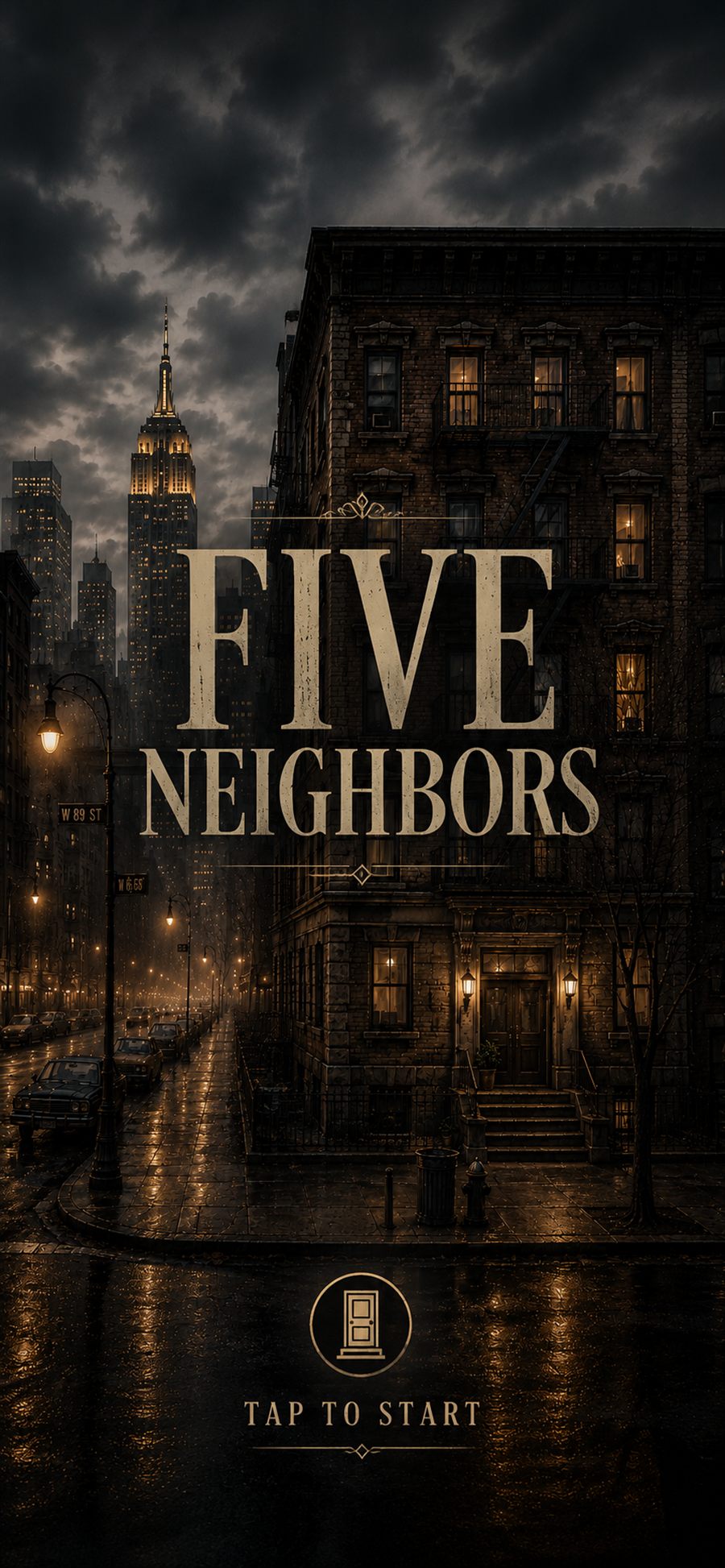 Five Neighbors key art — a rain-soaked apartment building at night